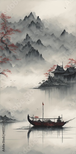 Ninh Binh Serenity: Muted Chinese Ink Painting of Tranquil Morning