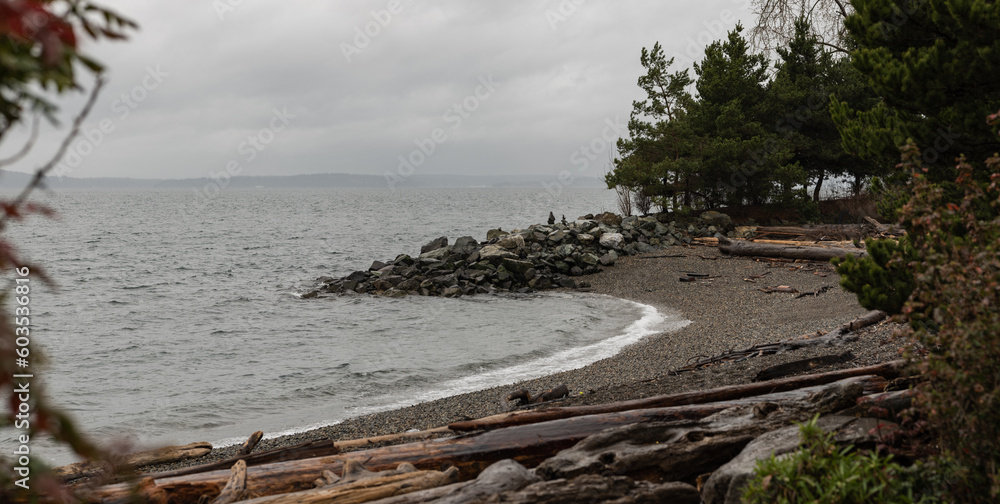 A small beach in Seattle Washington overcast cloudy day