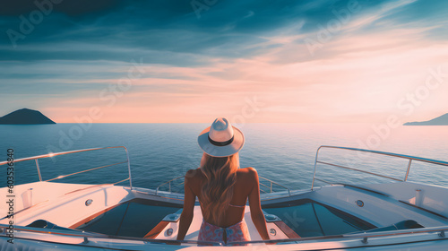 view from behind woman relaxing on a luxury boat. 