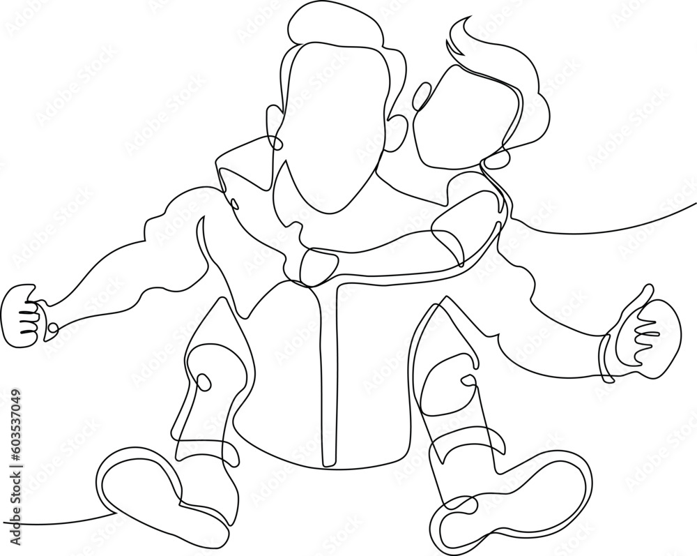 Hugs of a father with a child. One continuous line drawing banner, background, poster with family embrace. Happy Father Day simple vector illustration of child and father. Vector illustration Hugs of a father with a child. One continuous line drawing banner, background, poster with family embrace. Happy Father Day simple vector illustration of child and father. Vector illustration