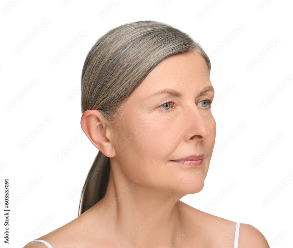 Portrait of senior woman with aging skin on white background. Rejuvenation treatment