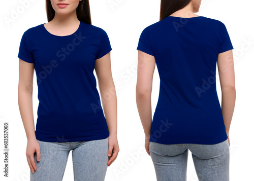 Collage with photos of woman in blue t-shirt on white background, closeup. Back and front views for mockup design