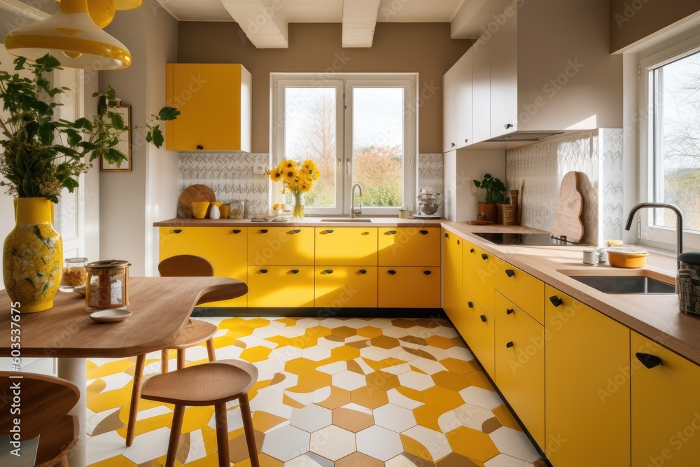 Interior of a modern kitchen with yellow and white tiled floor. Created ...