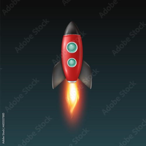 Vector Retro Red and Black Space Rocket Ship Launch on Dark Sky Background. Space Rocket Design Template for Business, Start Up Project, Development Process, Creative Idea etc.