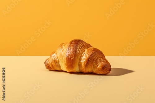 Freshly baked croissant on a yellow background. Created with Generative AI tools