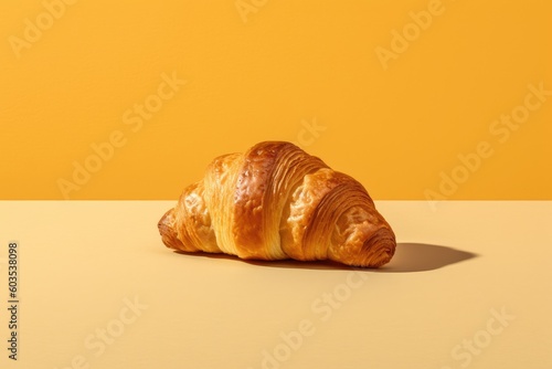 Freshly baked croissant on a yellow background. Created with Generative AI tools photo