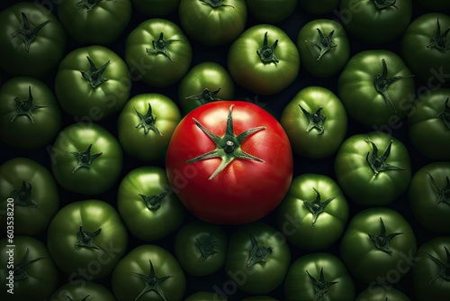 Tomato on a pile of green tomatoes. Created with Generative AI tools