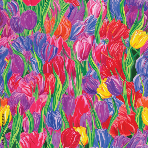 Seamless Colorful Tulips Pattern.

Seamless pattern of tulips in colorful style. Add color to your digital project with our pattern!