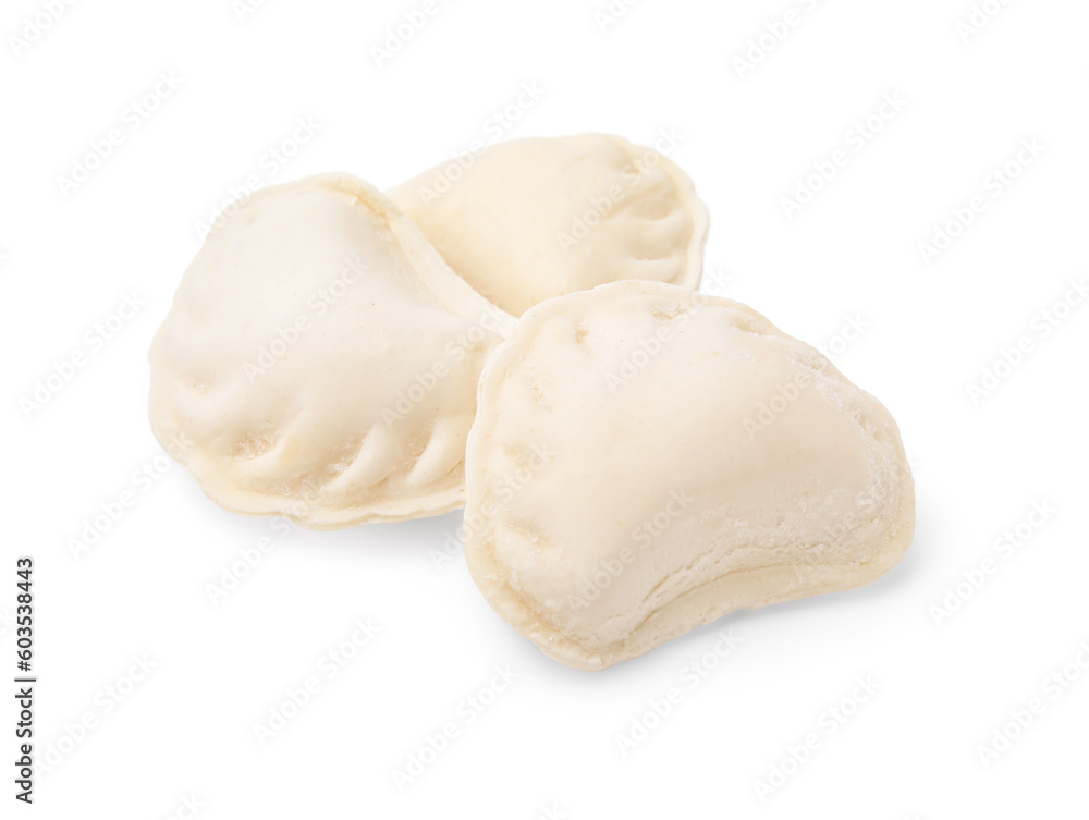 Heap of raw dumplings (varenyky) with tasty filling on white background