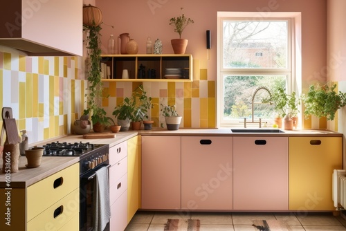 interior of modern kitchen in pink and yellow color. Created with Generative AI tools