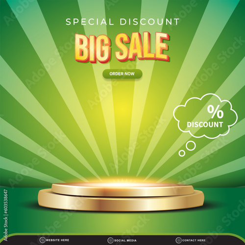 special discount big sale square background for social media post with copy space 3d podium for product sale with abstract gradient green and yellow design