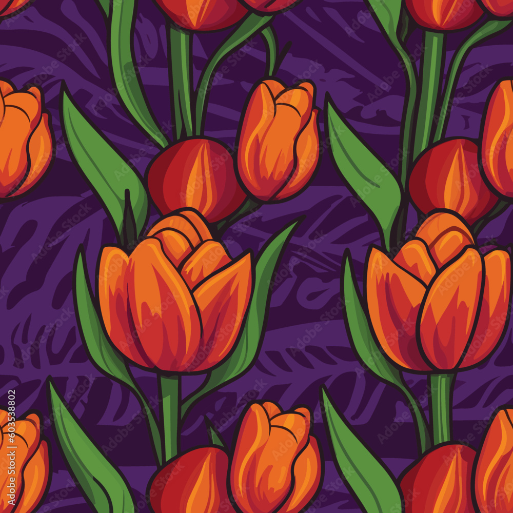 Seamless Colorful Tulips Pattern.

Seamless pattern of tulips in colorful style. Add color to your digital project with our pattern!