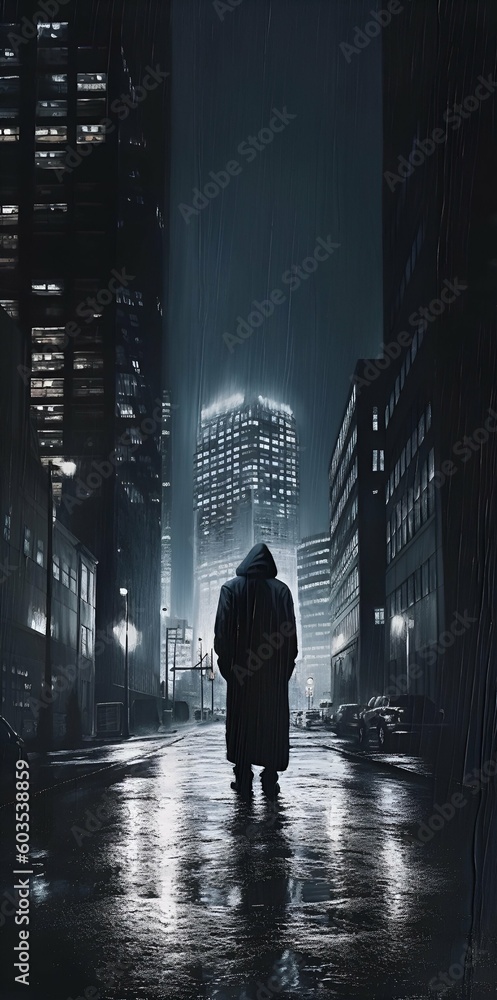 Silhouette of a Man Wearing a Hood Standing in a City Street Generative AI