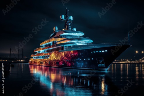 Luxury yacht at night in the bay off the coast. AI generated, human enhanced.