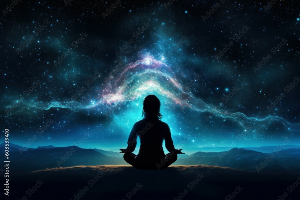 Silhouette of women in Lotus position on the abstract positive energy background . AI generated, human enhanced. Silhouette of women in Lotus position on the abstract positive energy background . AI generated, human enhanced.