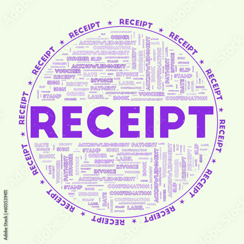 Receipt - round badge. Text receipt with keywords word clouds and circular text. Hokkaido Lavender color theme and grunge texture. Astonishing vector illustration.