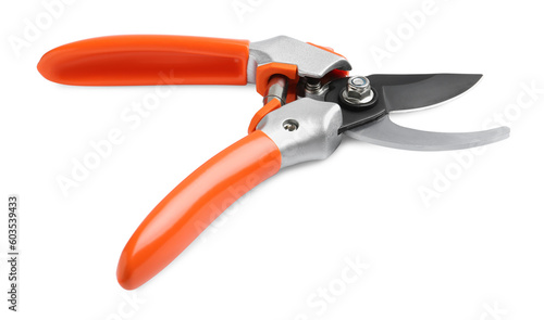 Secateurs with orange handles isolated on white. Gardening tool