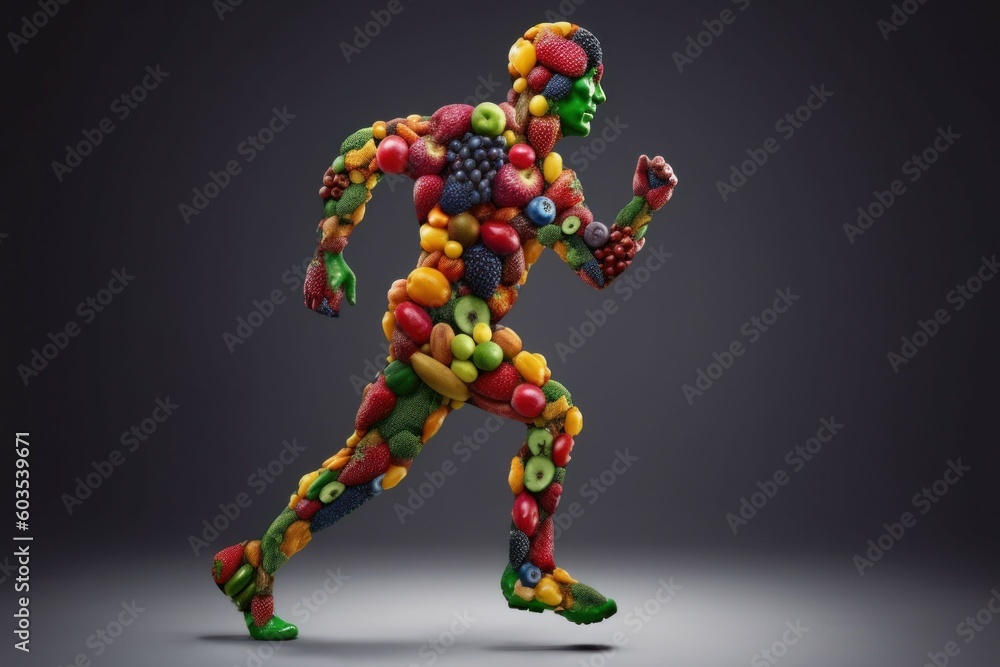 Silhouette of a man from fruits and vegetables. Energy concept for vegetarians. AI generated, human enhanced Silhouette of a man from fruits and vegetables. Energy concept for vegetarians. AI generated, human enhanced