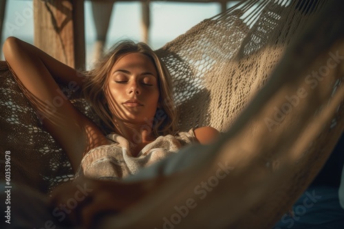 Happy woman sunbathes in a hammock on the beach. Travel concept. AI generated, human enhanced