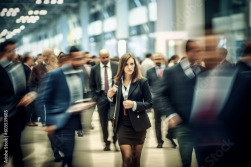 Long exposure blurred crowd of businessmen. Defocused people with motion blur. Business bokeh background. AI generated