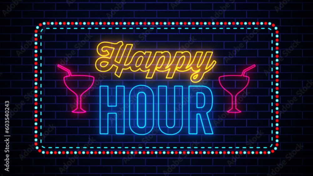 Festive Happy Hour Lettering Glowing Light Neon Sign With Dotted And Dashed Border Lines On Dark Blue Brick Wall Background