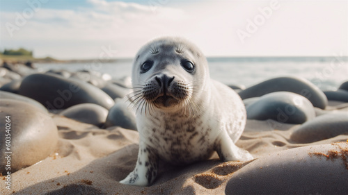 Fototapeta Naklejka Na Ścianę i Meble -  Generative AI Illustration of A Baby Seal