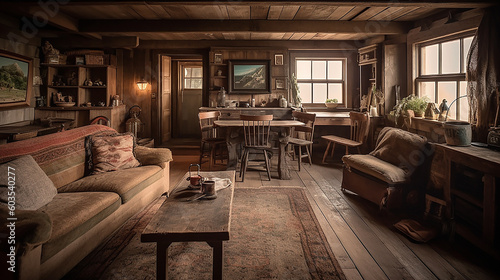 Earthy Comfort - Inviting and Cozy Cabin Interior with Earthy Finishes and Natural Wood Furniture
