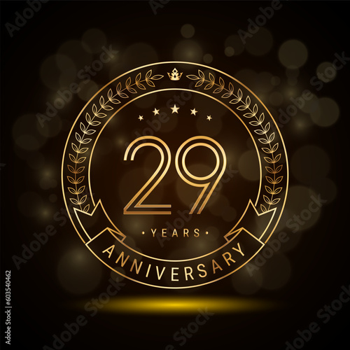 29th anniversary logo with golden laurel wreath and double line numbers, template design for anniversary celebration event, double line style vector design