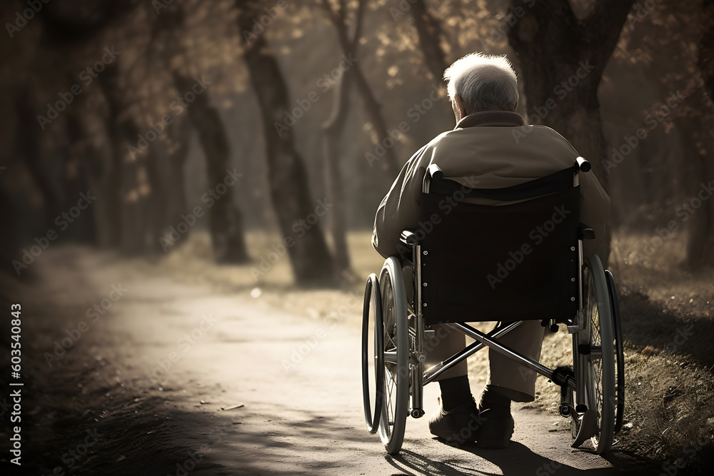 Obraz premium Lonely senior citizen man in wheelchair in a park. Generative AI.
