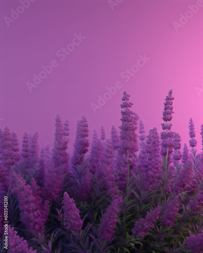 A field of purple flowers with a pink sky in the background Generative Ai