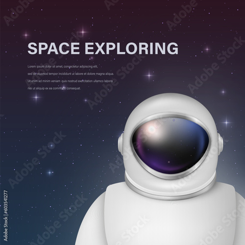Vector 3d Realistic Spaceman, Astronaut. Spacesuit, Astronaut Helmet on Space Background. Cosmonaut Suit with Transparent Glass Visor for Space Exploration. White Suit for Spaceman, Protection