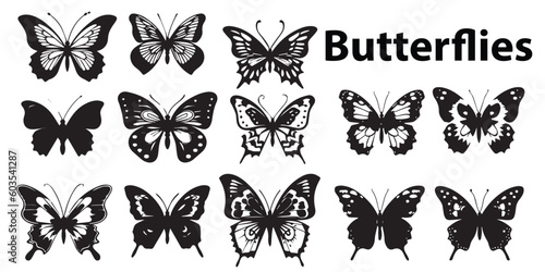 A white background with butterflies silhouette vector set.