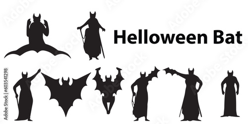 A black and white Halloween bat vector illustration set.