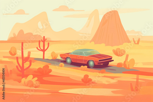 A red car driving down a desert road flat design vector style illustration Generative Ai