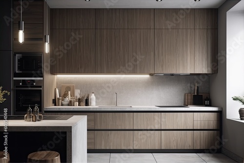 On the grey cabinet doors in the interior of the kitchen is a banner. Kitchen utensils, lighting, a sink, and a small shelf are placed in a stone nook. a notion for a contemporary home Generative AI