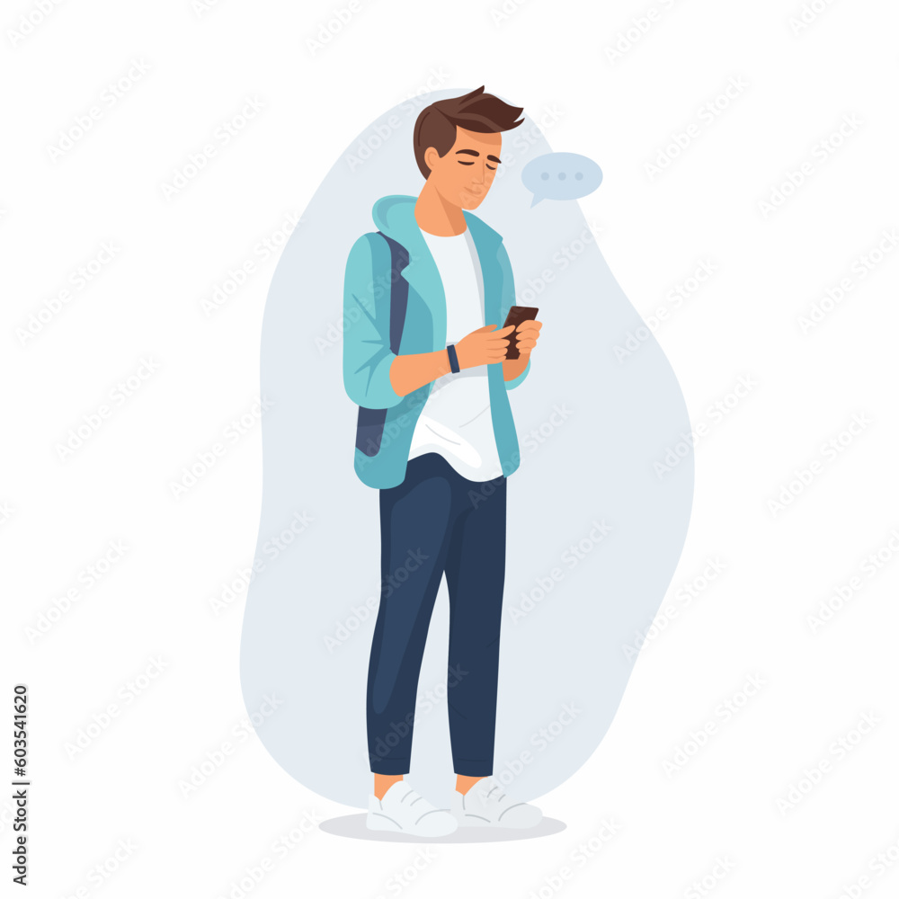 Young Man, Boy, Teen is Looking on Smartphone and Chatting. Happy Guy, Man in Blue Jacket Coat Talking, Typing on Phone. Full Body Flat Cartoon Character in Casual Clothes. Vector Illustration