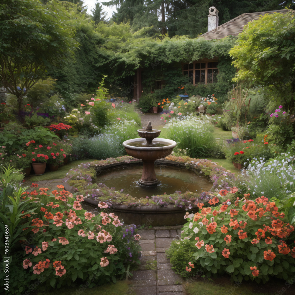 A garden with a fountain surrounded by flowers Generative Ai A garden with a fountain surrounded by flowers Generative Ai