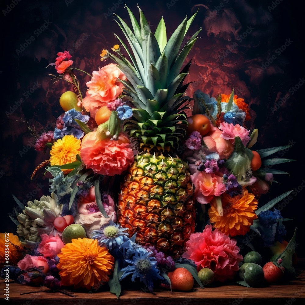pineapple surrounded by colorful flowers made with Generative AI pineapple surrounded by colorful flowers made with Generative AI