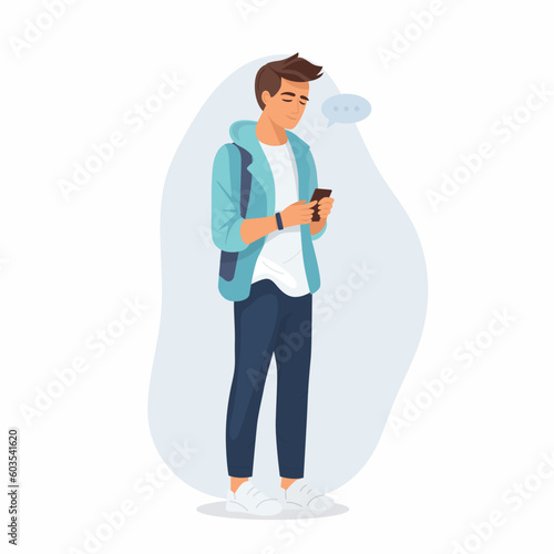 Young Man, Boy, Teen is Looking on Smartphone and Chatting. Happy Guy, Man in Blue Jacket Coat Talking, Typing on Phone. Full Body Flat Cartoon Character in Casual Clothes. Vector Illustration