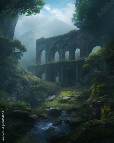 Ruins of an aqueduct covered by moss Generative Ai