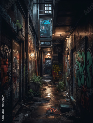 A dark alley with graffiti all over the walls Generative Ai