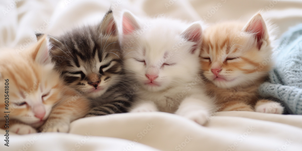 A group of small kittens sleeping on a bed. Generative AI.
