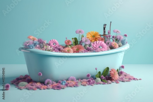 On a light blue background, a purple bathtub with multicolored flowers cascading from it. advertising concept Creative composition, a sale concept, and social media. Generative AI