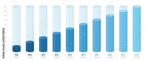 Round slim chart bars template-blue gradient, clear 10%-100% infograph layout. Digital flat design interface illustration elements for app ui ux web banner button vector isolated on white background
