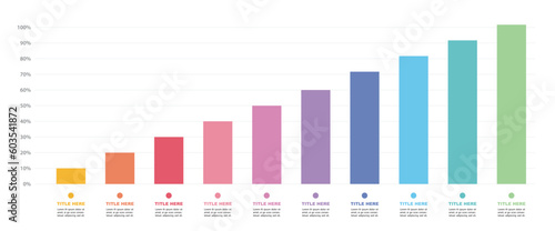 Simple colourful slim chart bars template, 10%-100% number text. Flat design interface illustration inforchart infographic element for app ui ux web banner button vector isolated on white background