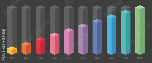 Colourful slim chart bars template, simple clear 10%-100% infograph set. Info graphic flat design interface illustration elements for app ui ux web banner button vector isolated on dark background
