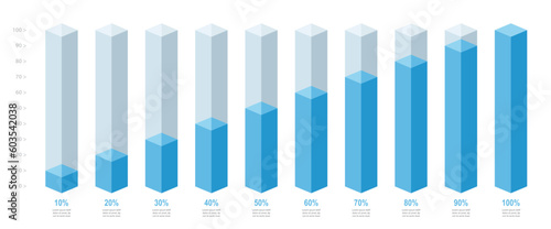 Modern blue slim chart bars template, 10% to 100% number text. Flat design interface illustration inforchart infographic elements for app ui ux web banner button vector isolated on white background