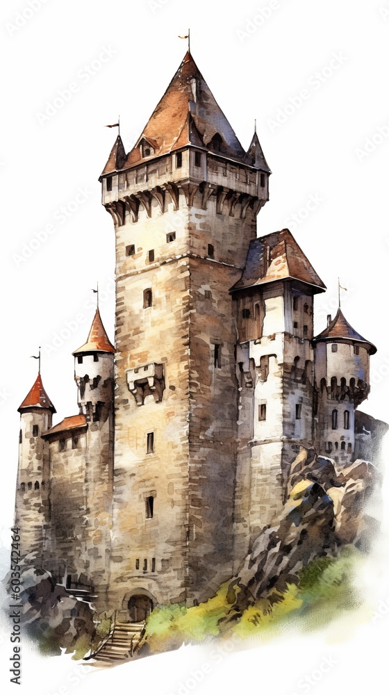 Fototapeta premium A medieval fantasy castle in an illustrated hand-drawn style, children's story book image, fairy tales, isolated on white, generative ai 