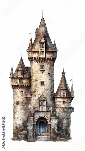 A medieval fantasy castle in an illustrated hand-drawn style, children's story book image, fairy tales, isolated on white, generative ai  © Carl & Heidi