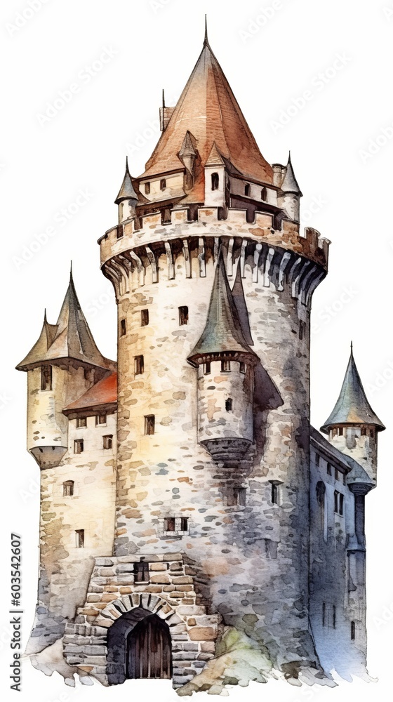 A medieval fantasy castle in an illustrated hand-drawn style, children's story book image, fairy tales, isolated on white, generative ai
